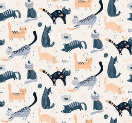 Vector seamless pattern with cute cats in simple flat style.