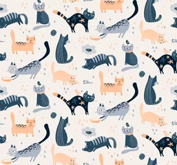 Stof per meter Katten Vector naadloos patroon met schattige katten in eenvoudige vlakke stijl.