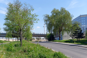 Road along the Seine in Paris suburb. Ivry-sur-Seine city