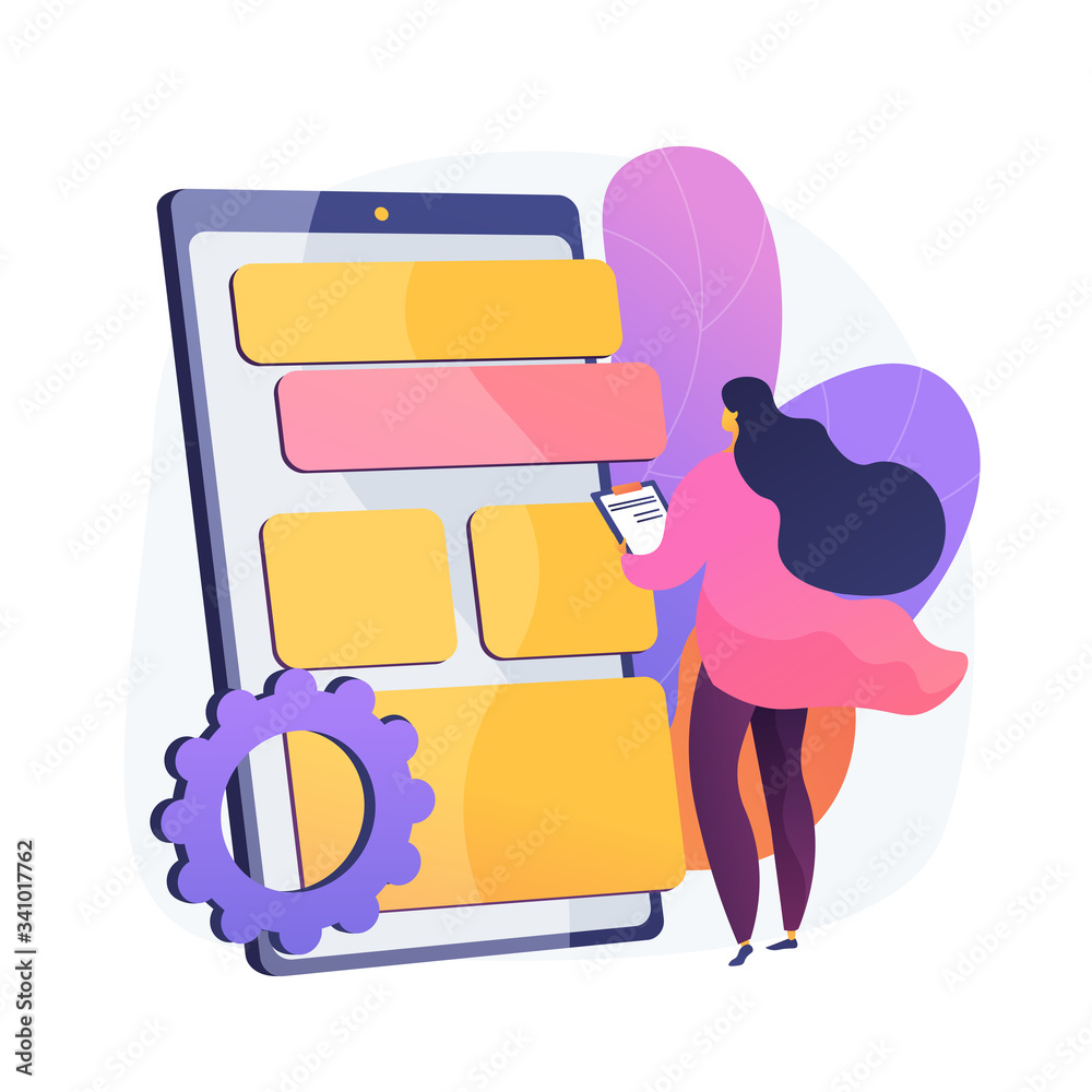 Poster app testing and optimization. ux designer, developer, smartphone interface. female cartoon character