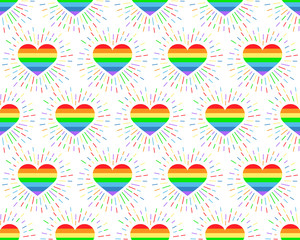 Seamless pattern. Heart with rays rainbow color. Vector illustration of striped heart on white background for holiday designs, greeting cards, holiday prints, designer packaging, stylish textile, etc.