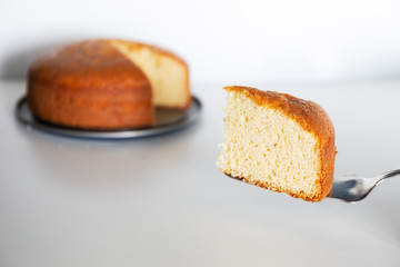 Delicious portion of homemade sponge cake on white background.