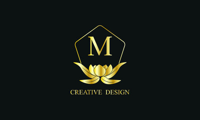 Magnificent royal vector monogram with letter M on black background. Stylish golden floral logo for business, restaurant, boutique, cafe, hotel and more.