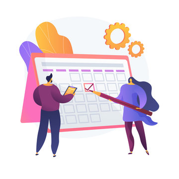 Time managementt. Calendar method, appointment planning, business organizer. People drawing mark in work schedule cartoon characters. Colleagues teamwork. Vector isolated concept metaphor illustration