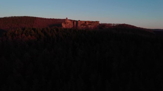 Aerial shot of Fleckenstein Castle located in the Vosges, France.
