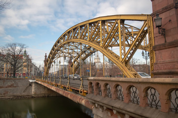 Bridge Most Zwierzyniecka with yellow metalic structure in Wroclaw, Poland.
