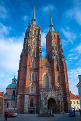 Obraz premium Main facade and entrance of Wroclaw Cathedral of St. John the Baptist on Tumski island