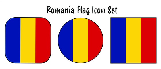Romania Flag Button set - rounded, circle, and square for European push button concepts.