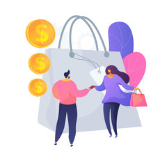 Personalized selling approach. Trendy marketing strategy, seller and buyer interaction, marketplace communication. Salesperson offers goods to customer. Vector isolated concept metaphor illustration