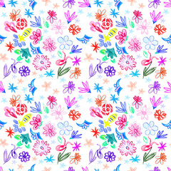 Raster seamless multi-colored floral pattern, children's doodle style, pencil drawing, multi-colored flowers on a white background. Colour pencils.
