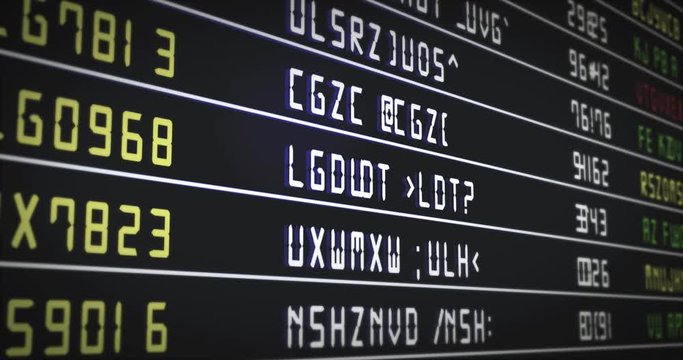 Airport flight information board. Flight information board with flights status. On time, delayed, landed, canceled. Digital generated animation.