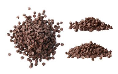 Set of delicious chocolate chips on white background