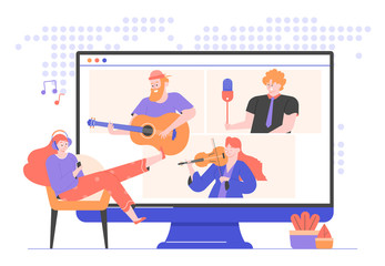 Online concert of famous musicians and singers. Girl in headphones listens to music at home, sitting in a chair. Artists on a monitor screen: guitarist, violinist, singer. Internet broadcast. Vector.