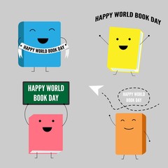 happy world book day with colorful book and white paper airplane and greenboard