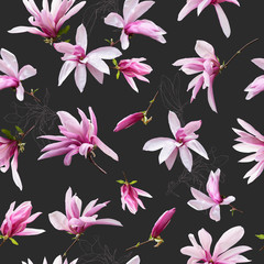 Floral seamless pattern. Pink magnolia flowers on dark grey background. Can be used for wallpaper design, packaging, textile, decorative print.