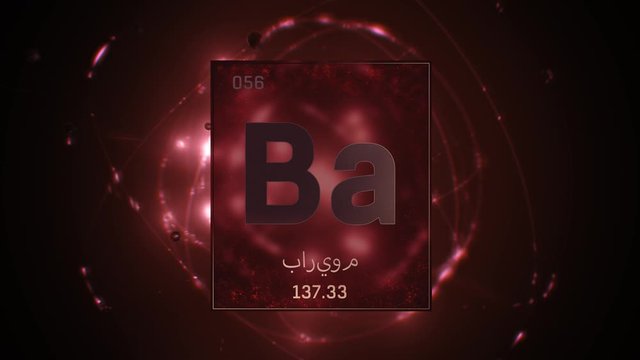 Barium as Element 56 of the Periodic Table. Seamlessly looping 3D animation on red illuminated atom design background orbiting electrons name, atomic weight element number in Arabic language