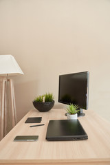 modern office home. technology on wooden table in indoor