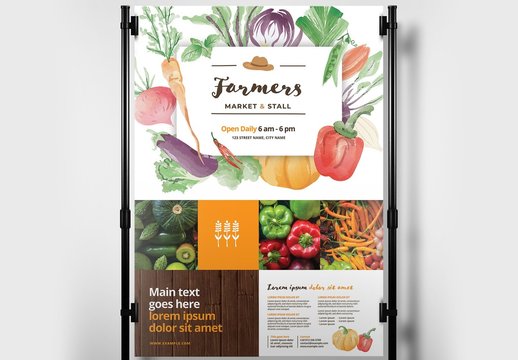 Farmer's Market Poster Layout with Watercolor Illustrations