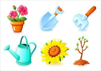 Obraz premium Gardening icons set - Flower pot, shovel, rake, watering can, sunflowers and seedling tree - icons for web and mobile games, vector illustration on white background.