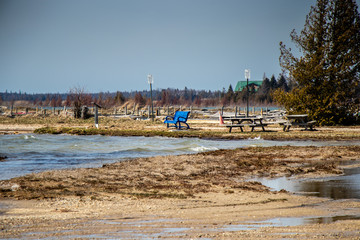 Naklejka premium High water flooding the beach and docks at Oliphant on Lake Huron, Ontario, Canada