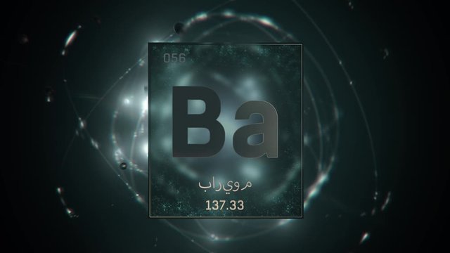 Barium as Element 56 of the Periodic Table. Seamlessly looping 3D animation on green illuminated atom design background orbiting electrons name, atomic weight element number in Arabic language