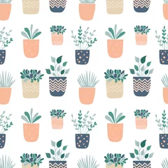 Foto op Plexiglas Planten in pot Handgetekende planten in pot. - naadloos patroon. - vector