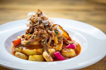 Beef meat strogonov with mashed potatoes,mushrooms