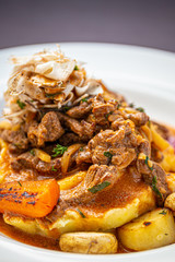 Beef meat strogonov with mashed potatoes,mushrooms