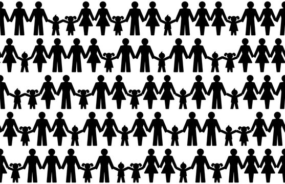Pictograms of people holding hands, seamless tile. Abstract symbols of connected men, women and children expressing friendship, love and harmony. We are one world. Illustration over white. Vector.