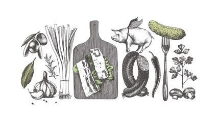 Smoking, sausage and pickles, ingredients. Illustration in vintage style.