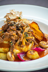 Beef meat strogonov with mashed potatoes,mushrooms