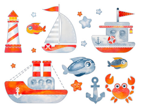 sea set. watercolor drawn cartoon illustration set of ship, boat, sailboat, fish, octopus, crab, lighthouse, sea, ocean isolated on white blue background. design for print cloth, fabric, textile