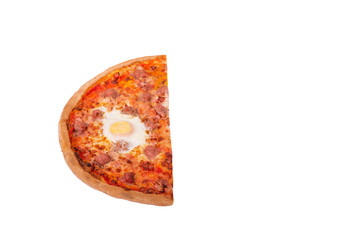 Tasty pizza with beef sausages, eggs and bacon or Brunch pizza. Half a pizza isolated on white background with clipping path, angle view