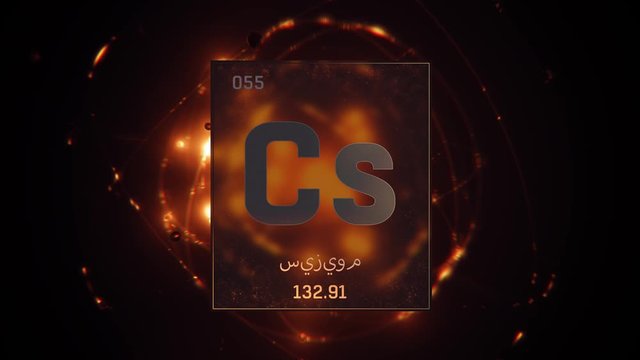 Cesium as Element 55 of the Periodic Table. Seamlessly looping 3D animation on orange illuminated atom design background orbiting electrons name, atomic weight element number in Arabic language