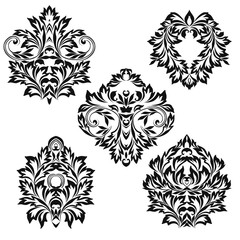 Set of vintage stencils for design. Black and white beautiful pattern with leaves. Vector clipart.