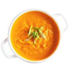 Carrot ginger cream soup, isolated on white