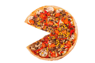 Tasty pizza with mushrooms, corn, cherry tomatos, courgettes and bell peppers or Veggie Vegetarian pizza. Italian cut pizza without one slice isolated on white background, top view