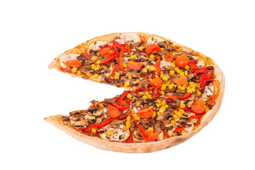 Pizza with mushrooms, corn, cherry tomatos, courgettes and bell peppers or Veggie Vegetarian pizza. Italian cut pizza without one slice isolated on white background, angle view