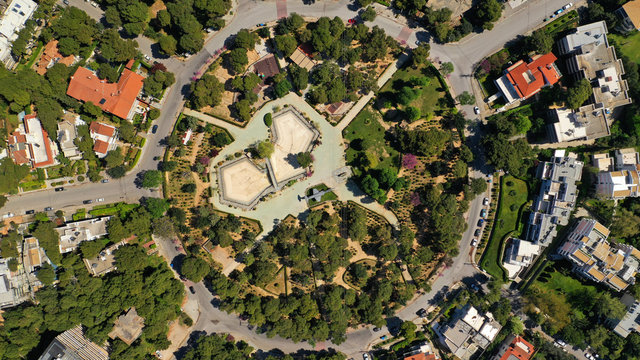 Aerial Drone Top Down Photo Of Circular Park Of Heroes Of National Technical University In North Athens, Kifisia, Attica, Greece