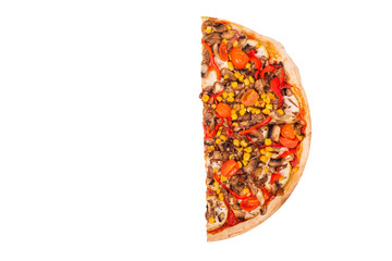 Half a pizza isolated on white background with clipping path, top view. Pizza with mushrooms, corn, cherry tomatos, courgettes and bell peppers or Veggie Vegetarian pizza