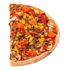 Tasty pizza with mushrooms, corn, cherry tomatos, courgettes and bell peppers or Veggie Vegetarian pizza. Half a pizza isolated on white background with clipping path, angle view