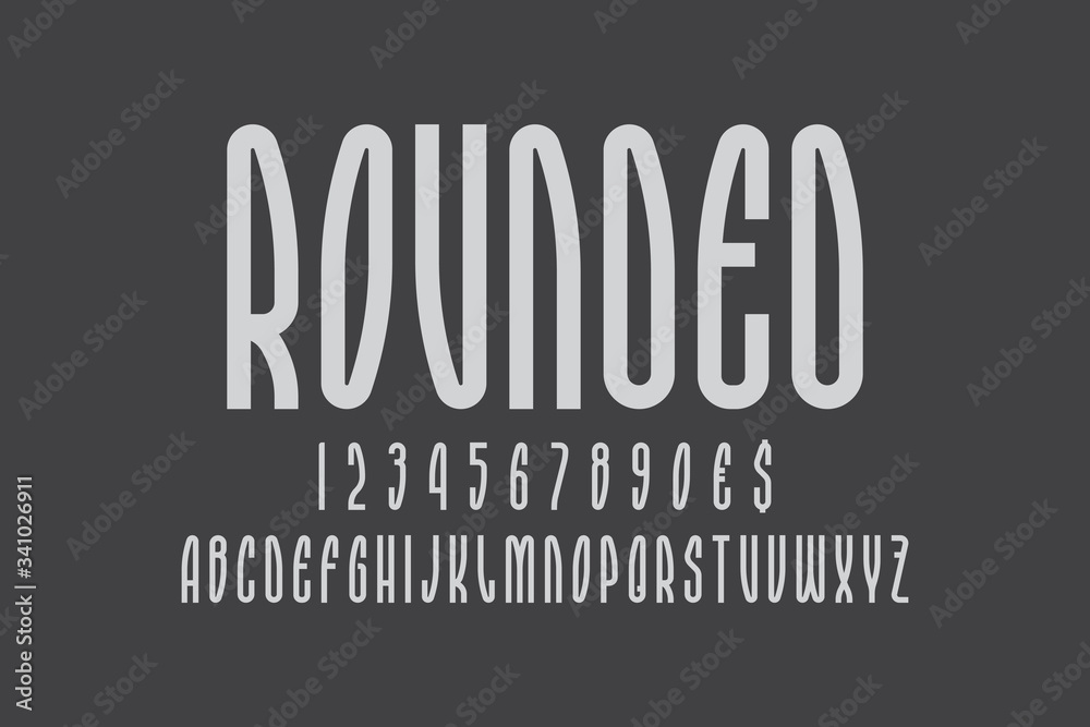 Fototapete rounded artistic display font. gray minimal letters, numbers and currency signs. isolated english al