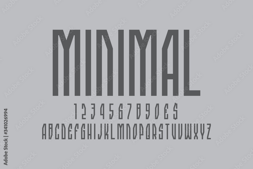 Fototapete minimal artistic display font. gray angular letters, numbers and currency signs. isolated english al