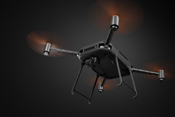 3d rendering of black drone with orange propellers, and black camera attached, viewed from below, flying on dark gray gradient background.