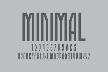 Minimal artistic display font. Gray angular letters, numbers and currency signs. Isolated english alphabet. Vector strong lettering.