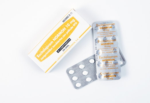 TBILISI, GEORGIA- April 18, 2020: Escitalopram antidepressant medicine pills closeup