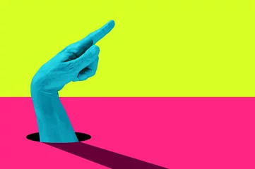 Foto op Plexiglas Lever een pop-art collagestijl in in felle neonkleuren. Modern psychedelisch creatief element met menselijke palm voor posters, banners, behang. Ruimte voor tekst kopiëren. Tijdschrift stijlsjabloon. Zine cultuur. © Ded Pixto
