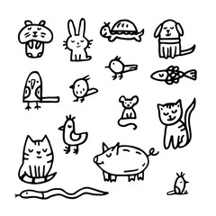 Doodle about veterinary and for pet shop. cat, dog, hamster, parrot, rabbit, pig, hare, fish, snake, mouse, rat, turtle
