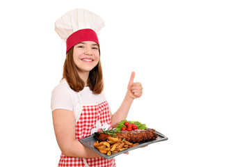 happy girl cook with pork ribs at plate and thumb up