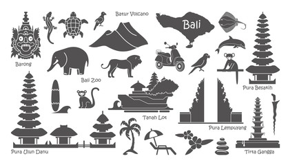 Naklejka premium Bali, Indonesia icons set. Attractions, flat design. Tourism in Bali, isolated vector illustration. Traditional symbols